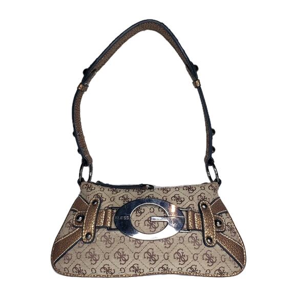 Vtg Y2K Guess Big G Shoulder Bag Baguette Monogram Signature Canvas Bronze Stud - Picture 1 of 15